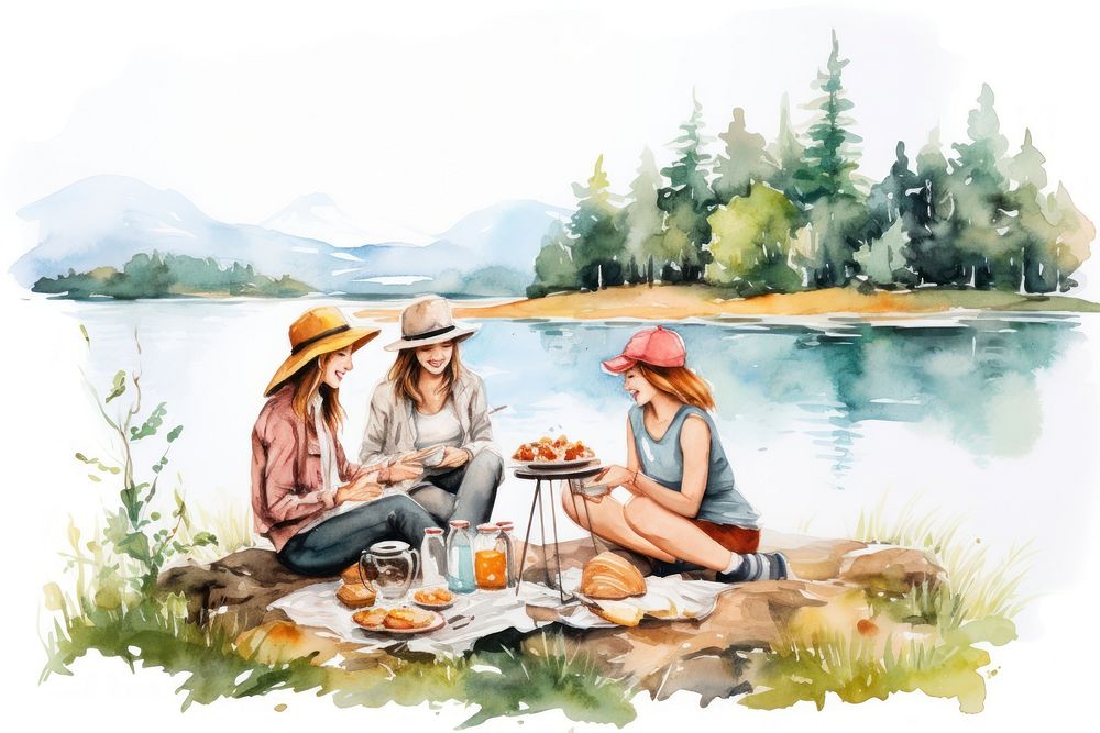 Diverse friends picnic near river outdoors nature adult. AI generated Image by rawpixel.