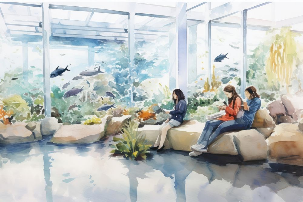 People visiting aquarium adult water architecture. AI generated Image by rawpixel.