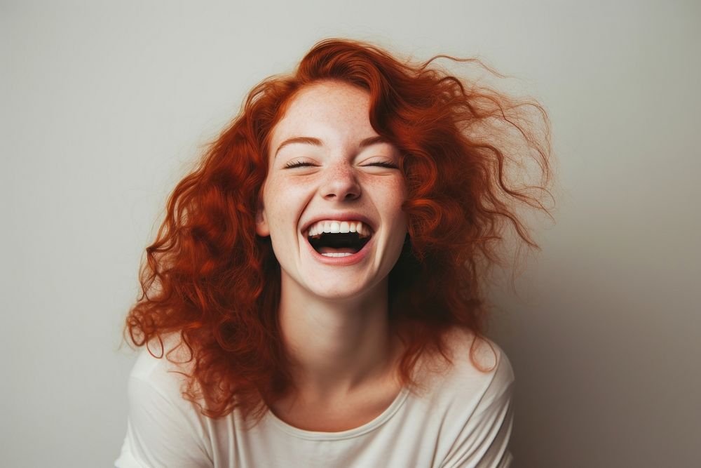 Chubby red hair woman laughing smile adult. 