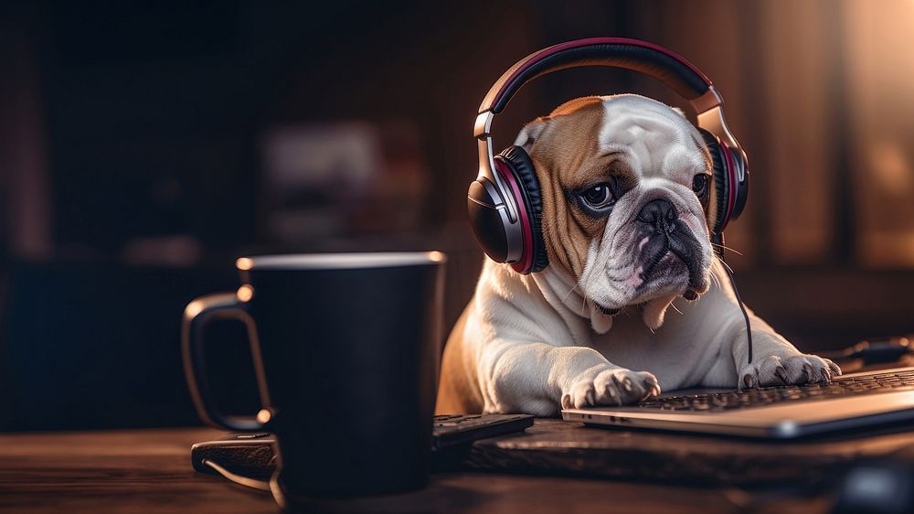 Dog wearing headphones bulldog mammal pet. 