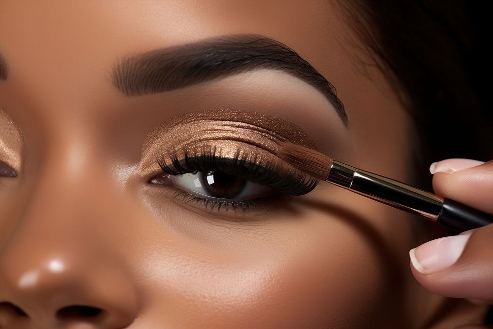 Woman applying biege eyeshadow cosmetics adult brush. AI generated Image by rawpixel.