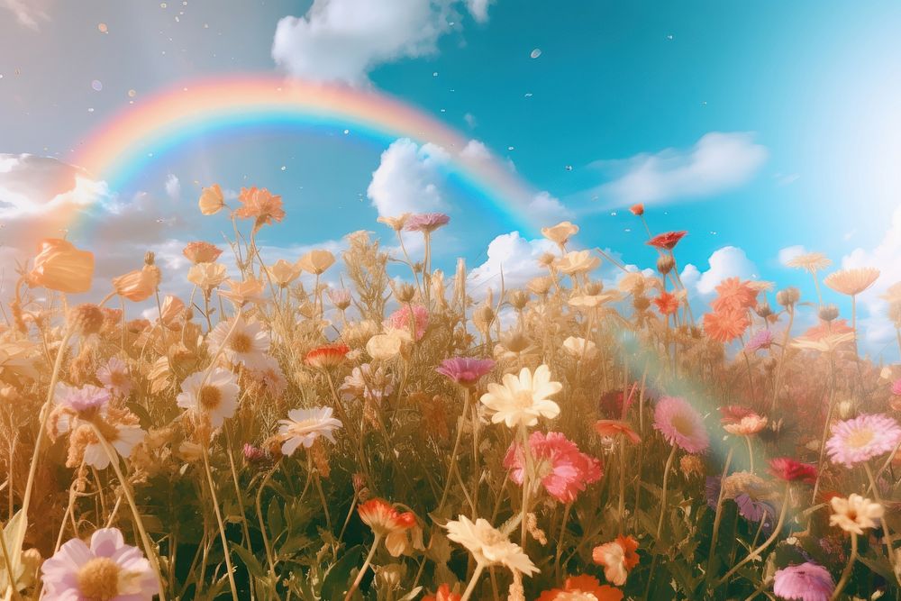 Flowers rainbow field sky. AI generated Image by rawpixel.