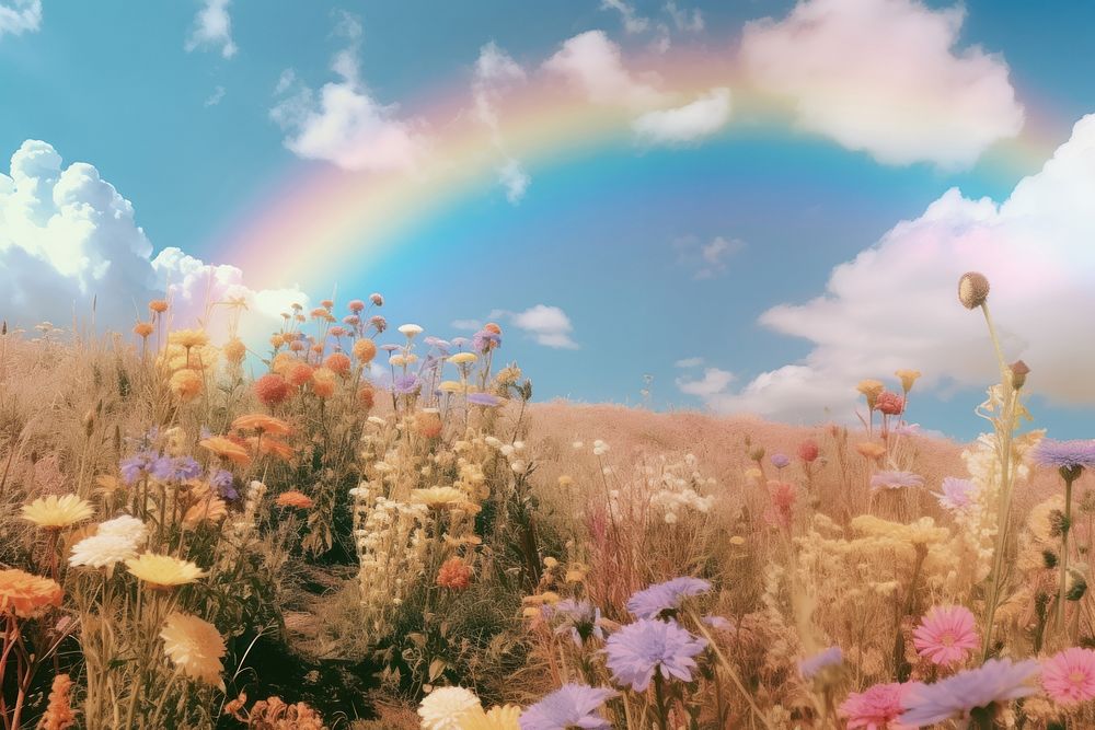 Flowers rainbow field sky. 