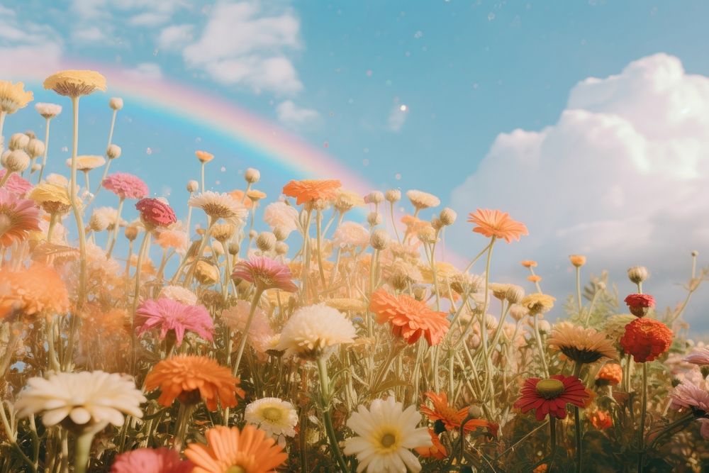 Flowers rainbow field sky. 