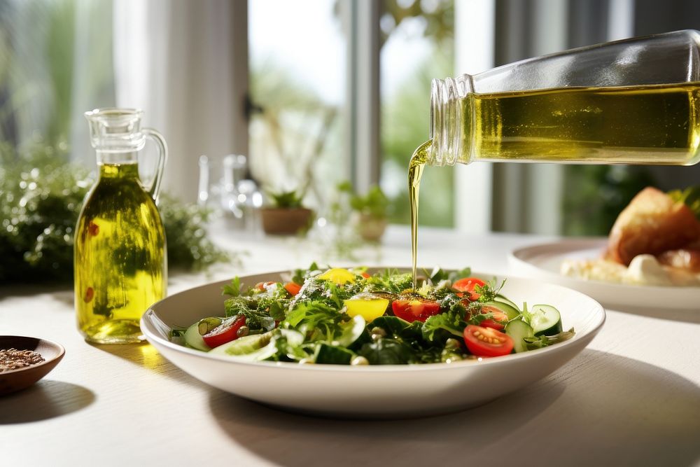 Salad bottle olive plate. AI generated Image by rawpixel.