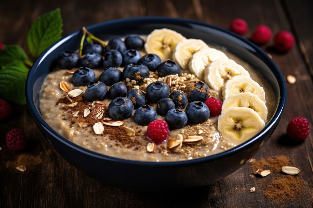 Breakfast oatmeal porridge breakfast blueberry berries. AI generated Image by rawpixel.