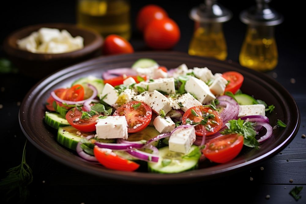 Greek salad vegetable cheese plate. AI generated Image by rawpixel.