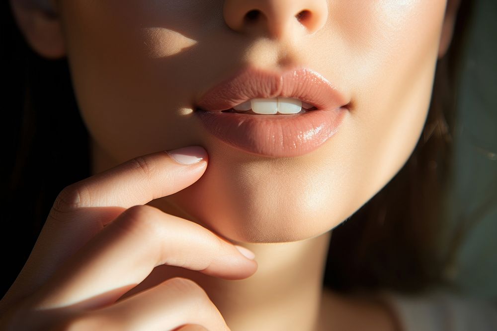 Holding lip balm applying adult woman. 