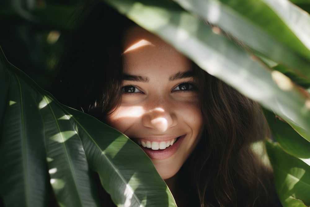 Brunette hair woman leaf outdoors smiling. AI generated Image by rawpixel.