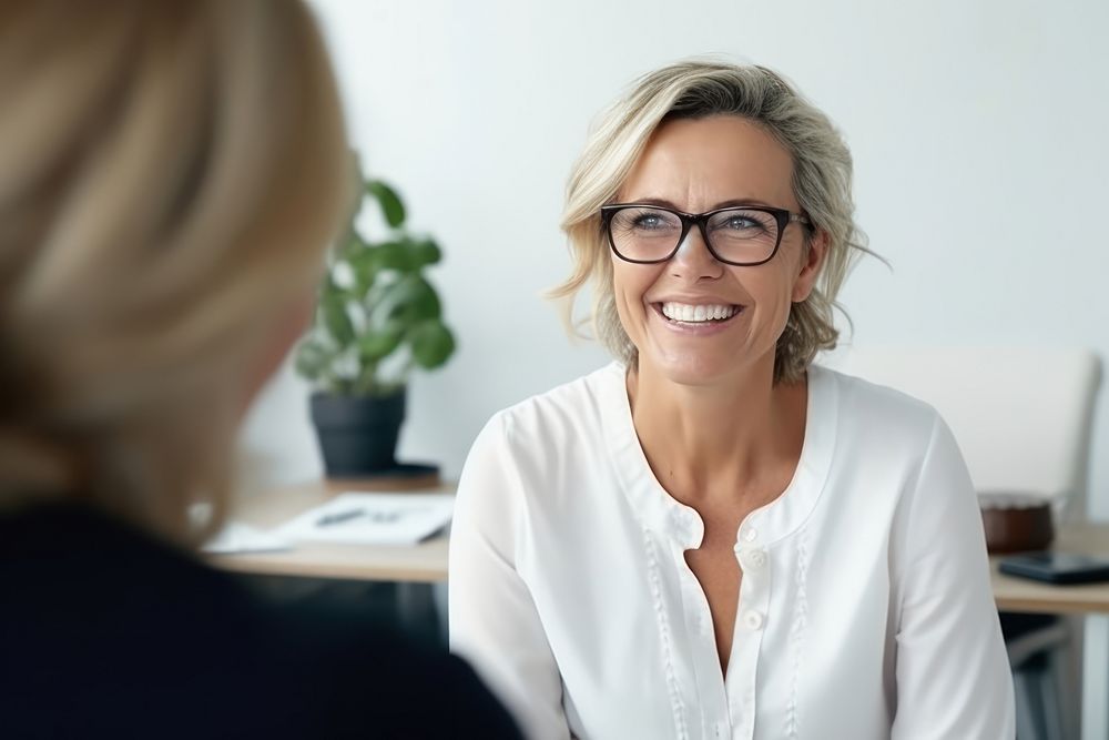 Middle age woman talking glasses adult. 