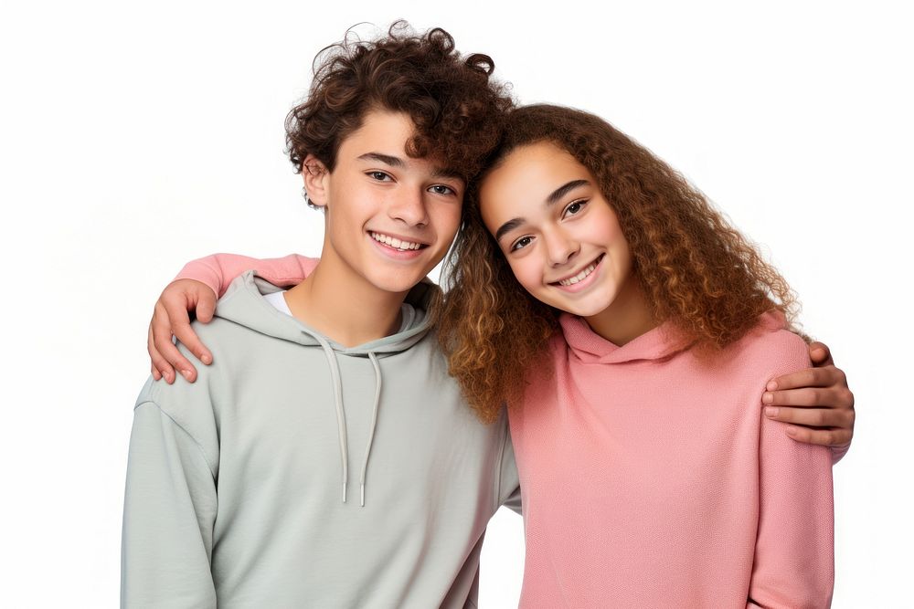 Teenagers laughing adult white background. 