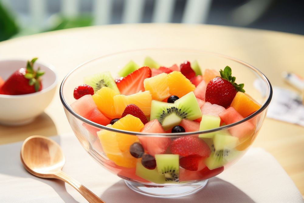 Fresh fruit salad bowl strawberry spoon. AI generated Image by rawpixel.