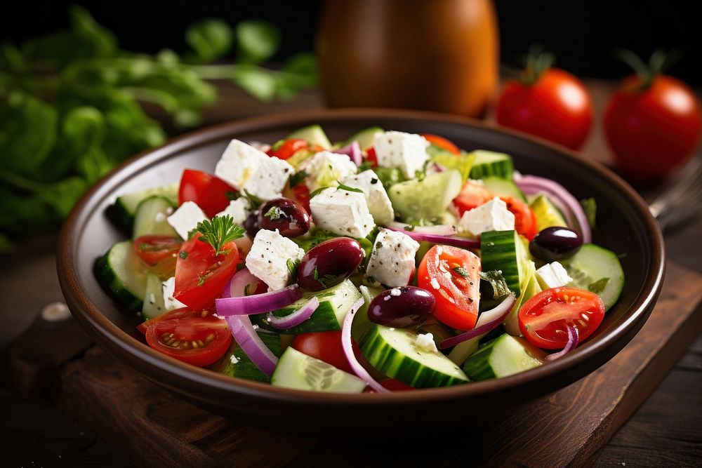 Greek salad vegetable cheese plate. AI generated Image by rawpixel.