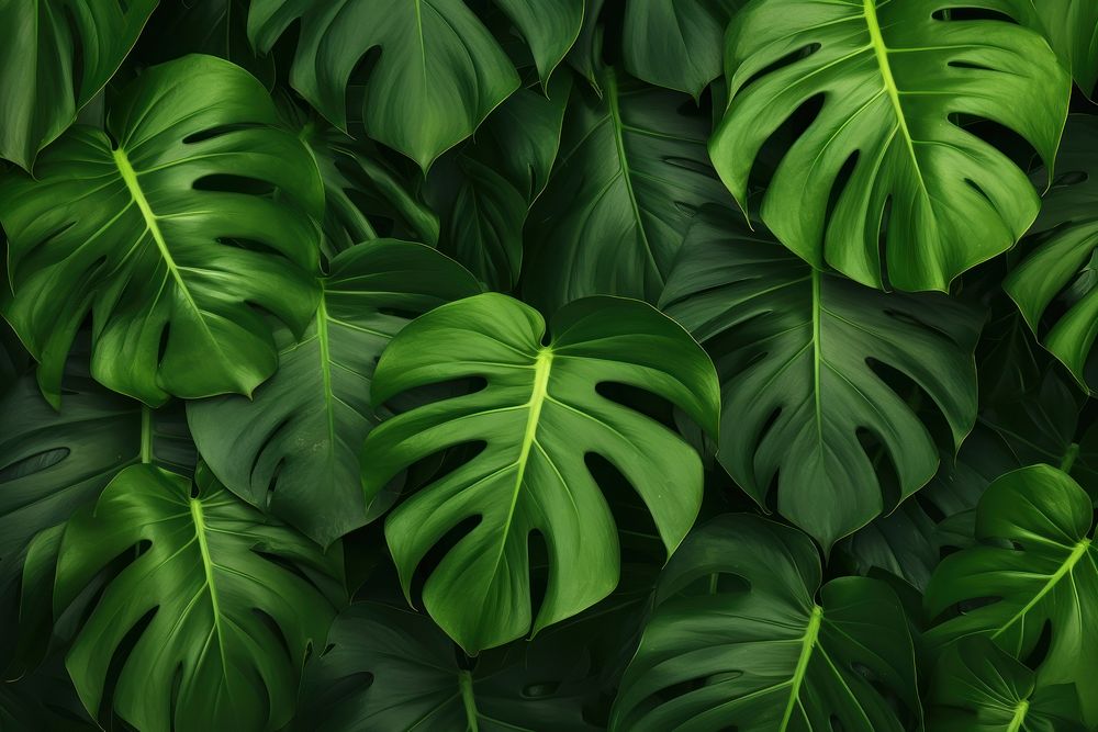 Green monstera leaves texture backgrounds outdoors nature. 