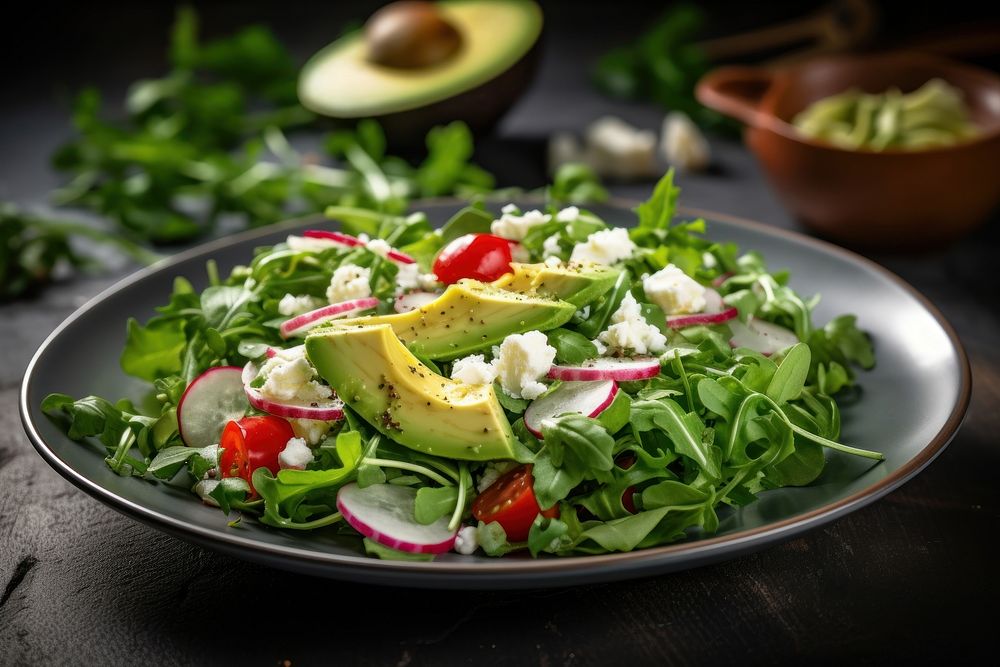 Salad arugula vegetable avocado. 