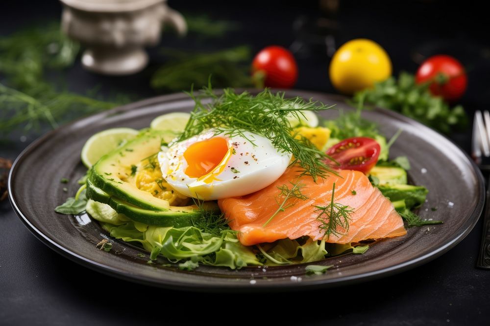 Keto breakfast plate egg avocado. AI generated Image by rawpixel.