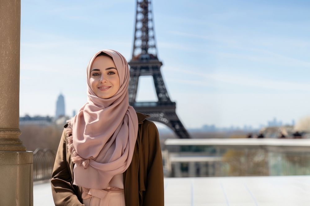 Muslim young adult woman student architecture scarf happy. 