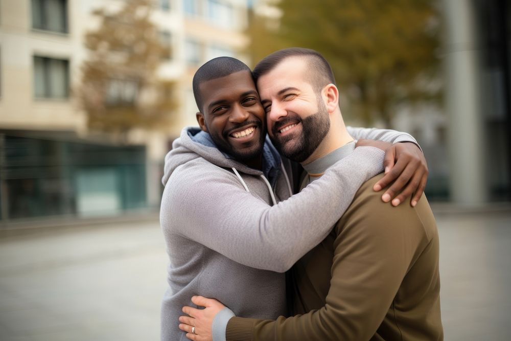 Gay couple hugging portrait adult photo. AI generated Image by rawpixel.