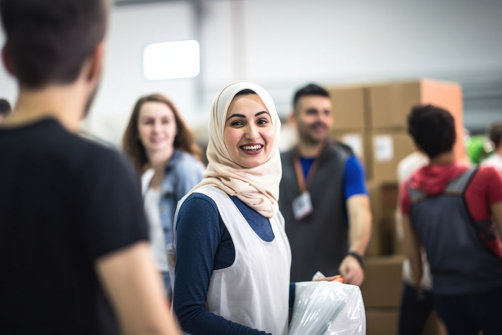 People volunteering cardboard adult happy. 