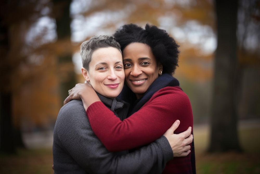 Lesbian couple hugging portrait adult photo. AI generated Image by rawpixel.