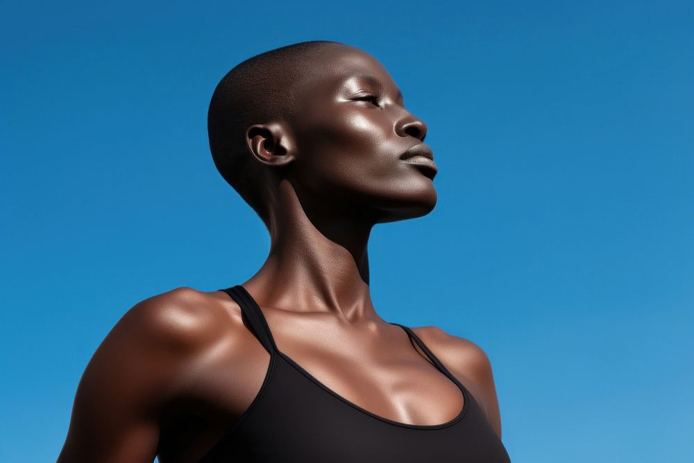 Black bald woman adult sky perfection. AI generated Image by rawpixel.