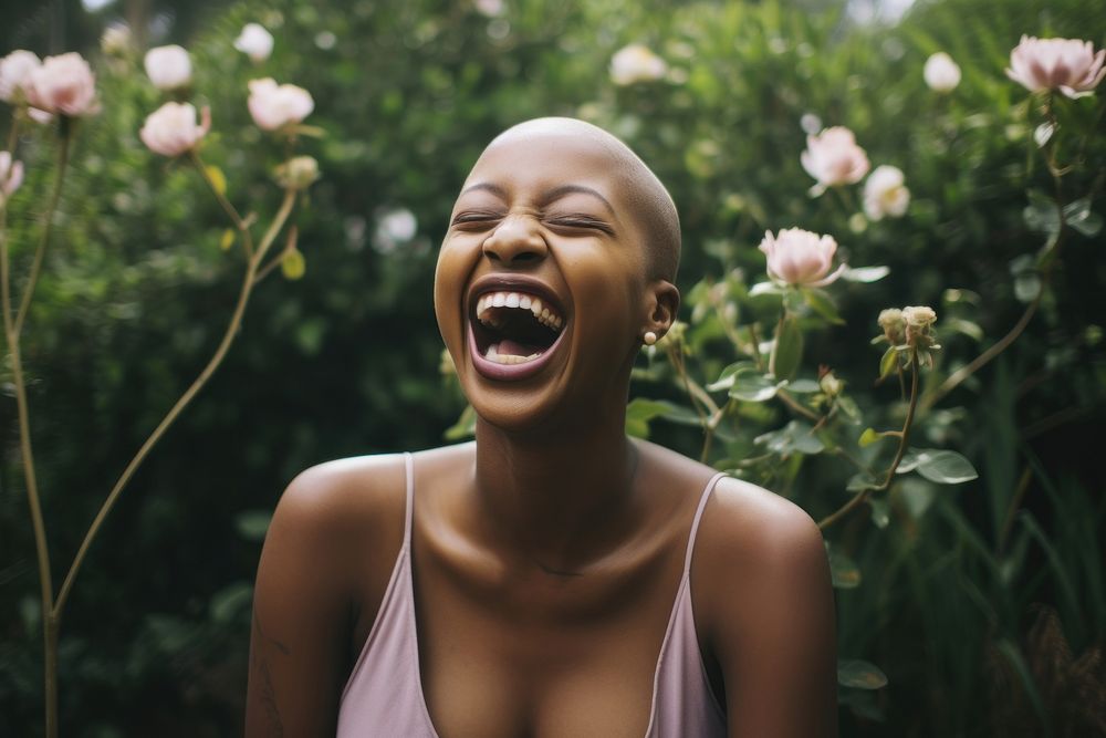 Bald black woman laughing outdoors adult happiness. AI generated Image by rawpixel.
