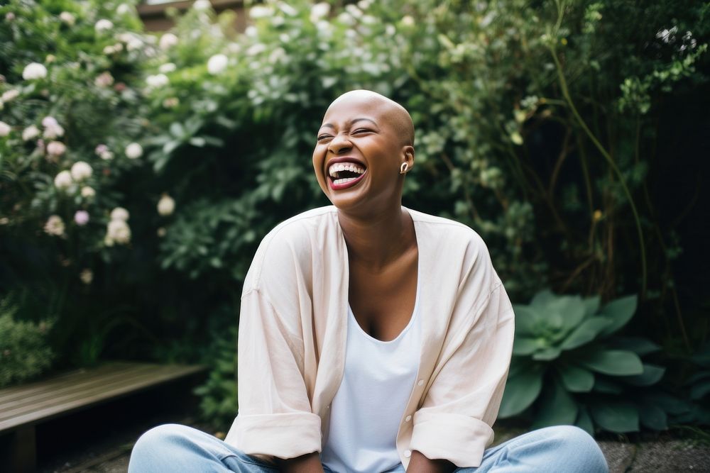 Chubby bald black woman laughing outdoors adult. AI generated Image by rawpixel.