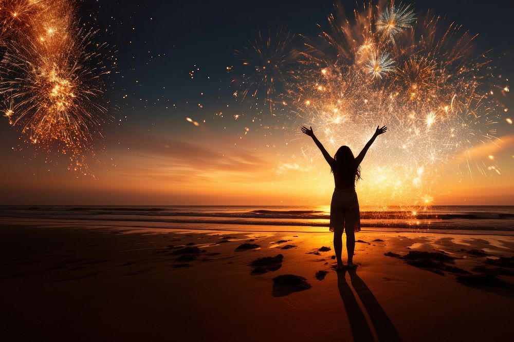 Celebrating New Year beach portrait outdoors. 