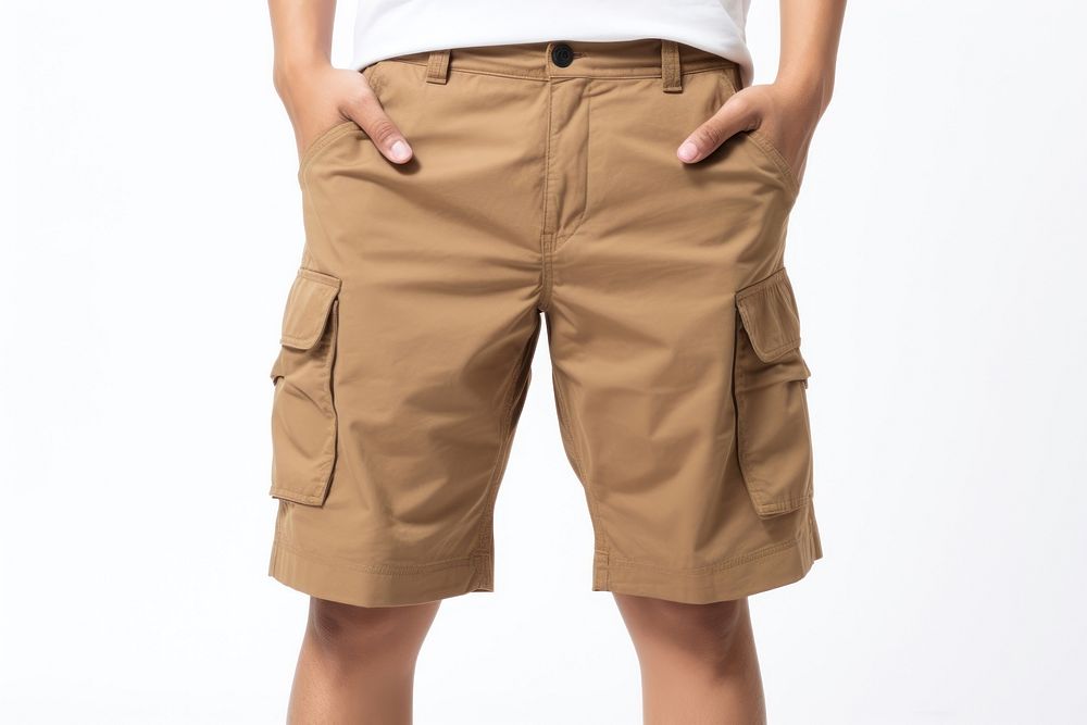 Man Wearing Cargo Shorts shorts khaki white background. AI generated Image by rawpixel.