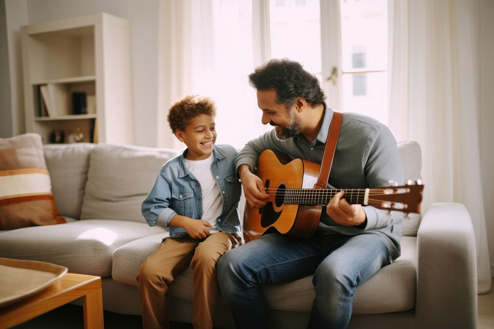 Dad teaching son play guitar musician adult togetherness. AI generated Image by rawpixel.