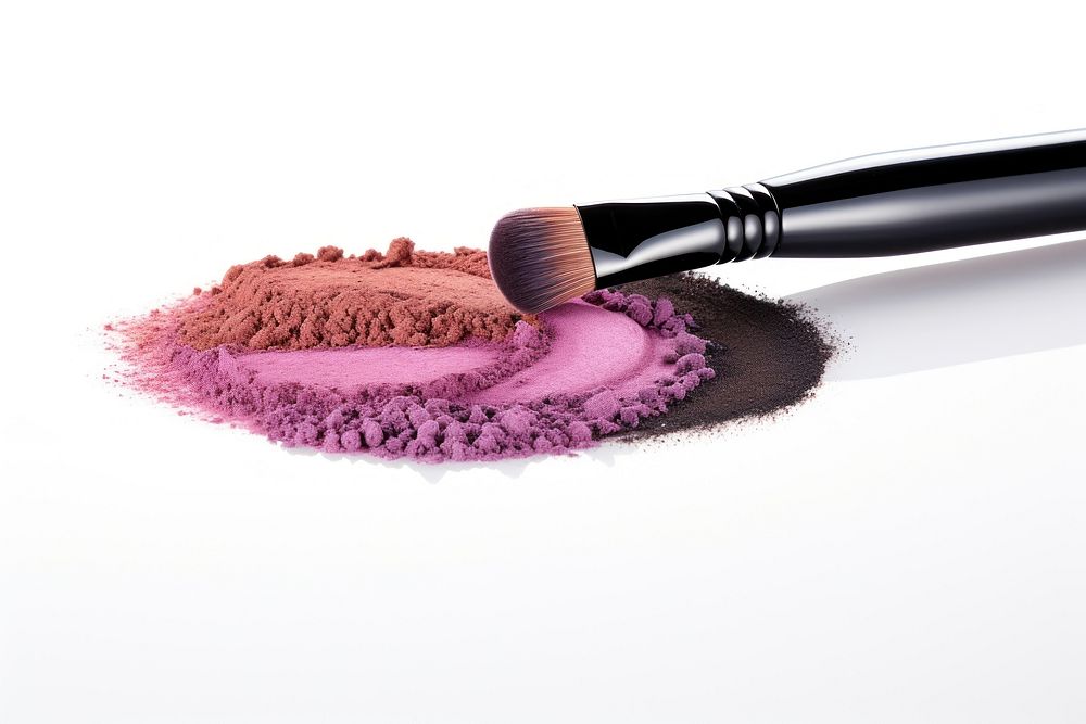 Professional makeup brush and eye shadows cosmetics powder white background.