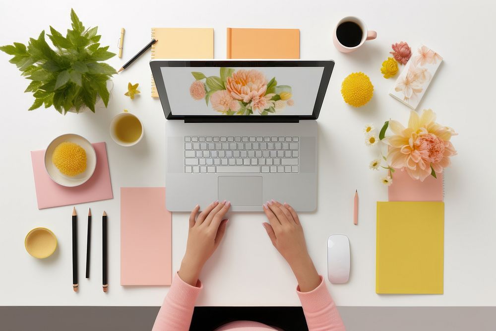 Female graphic designer computer table furniture. 