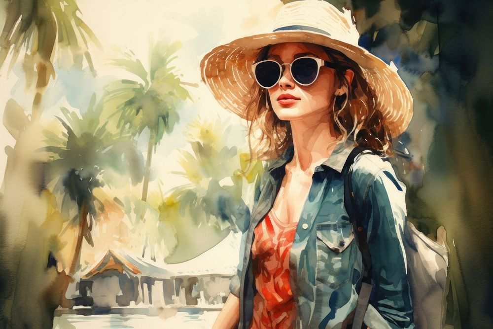 Woman tourist watercolor sunglasses portrait outdoors. 