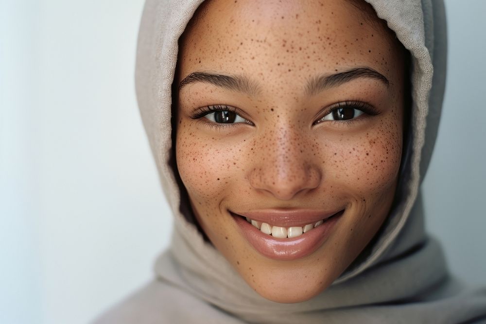 Muslim woman freckle smiling adult. 