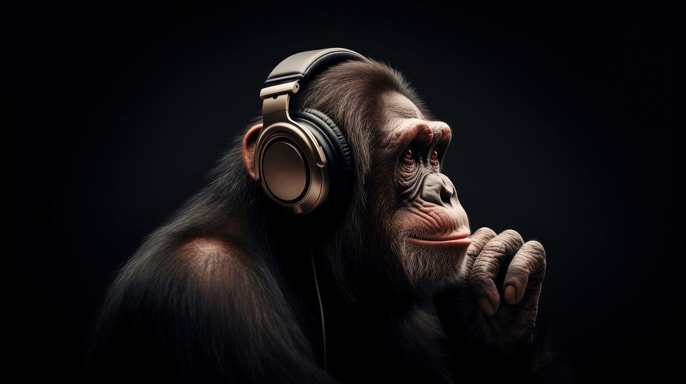 Chimpanzee headphones mammal adult. AI generated Image by rawpixel.