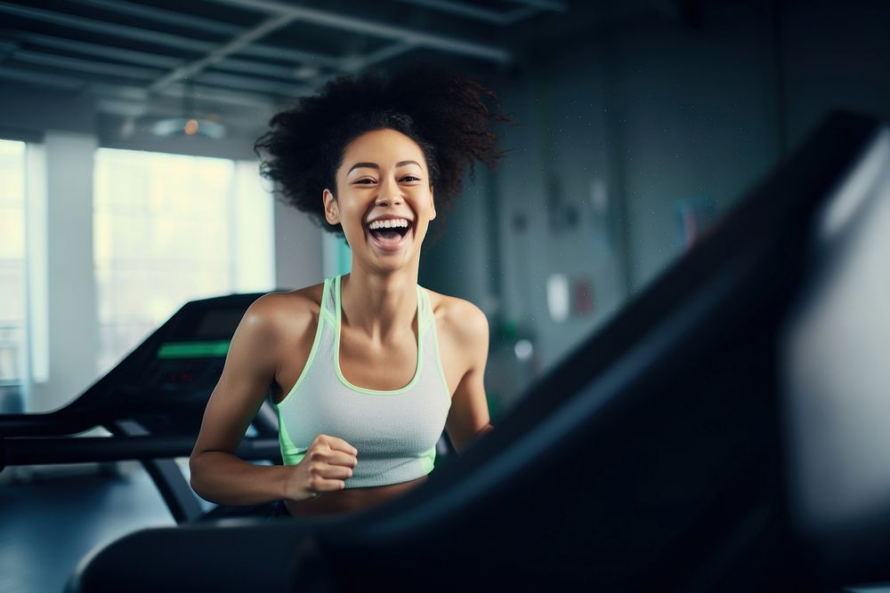 Woman fitness laughing treadmill smiling. AI generated Image by rawpixel.