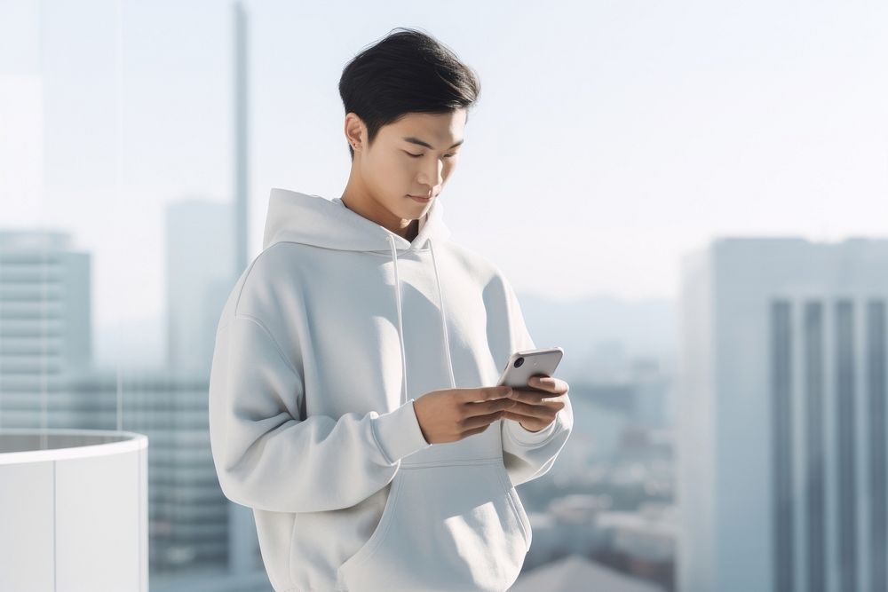 Asian man wearing casualwear holding phone city. AI generated Image by rawpixel.