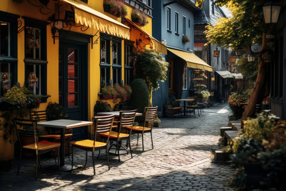 Street cobblestone restaurant outdoors. AI generated Image by rawpixel.