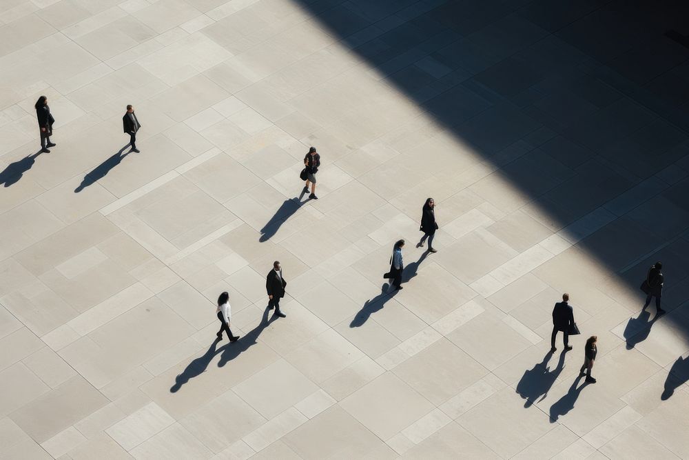 Buildings walking silhouette pavement. 