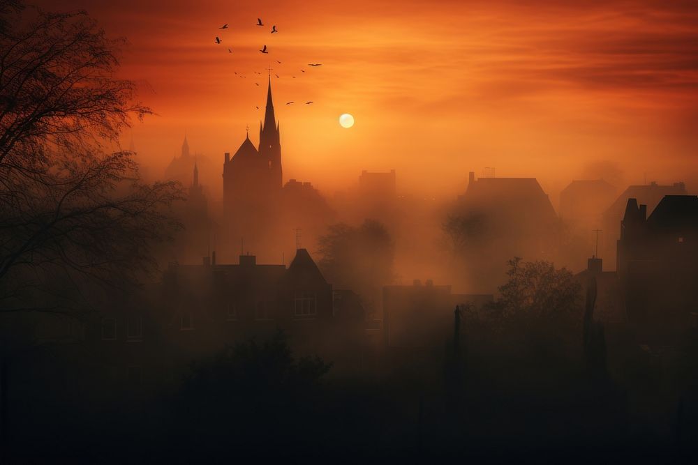 City fog architecture silhouette. AI generated Image by rawpixel.