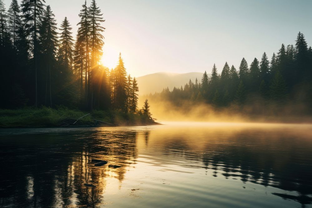 Lake landscape forest sunlight. AI generated Image by rawpixel.