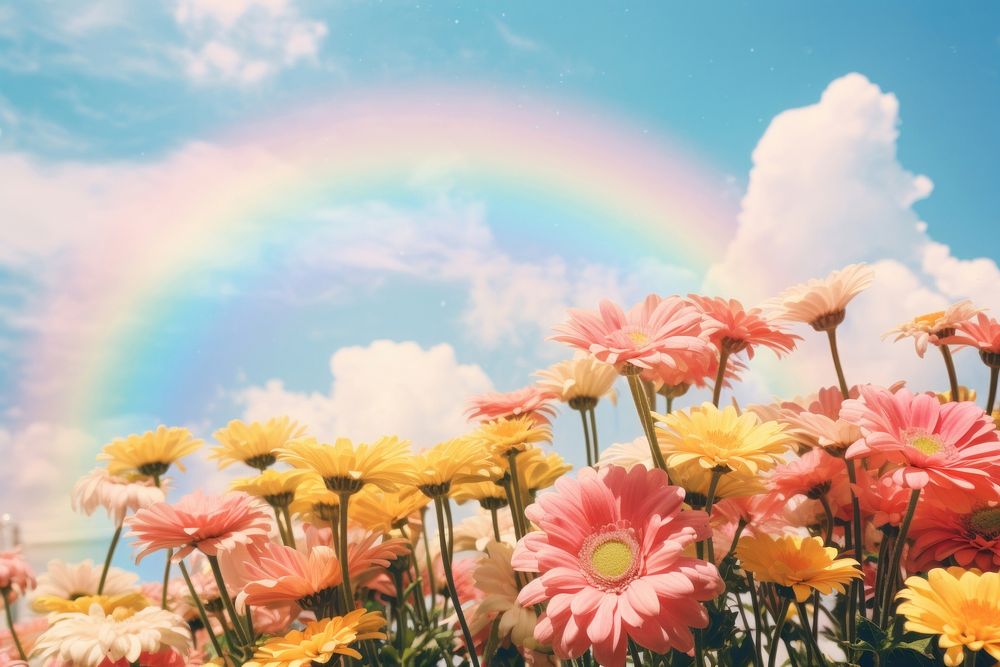 Flowers rainbow landscape outdoors. 