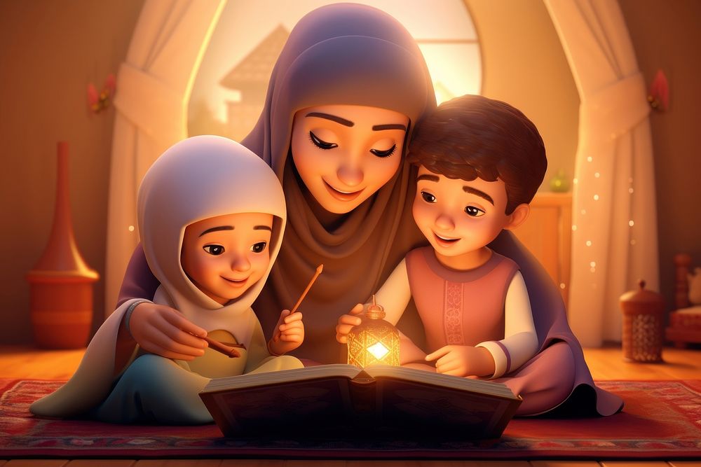 Muslim reading quran cartoon family light. 