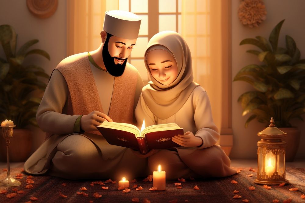 Muslim reading quran cartoon candle adult. AI generated Image by rawpixel.