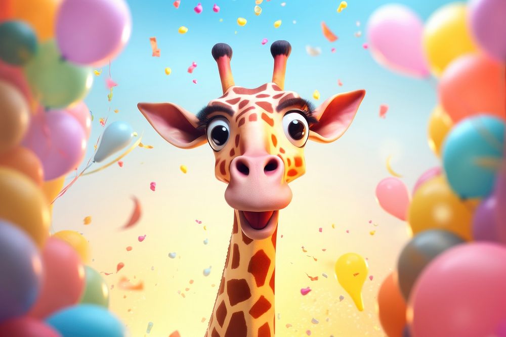 Giraffe partying balloon cartoon mammal. 