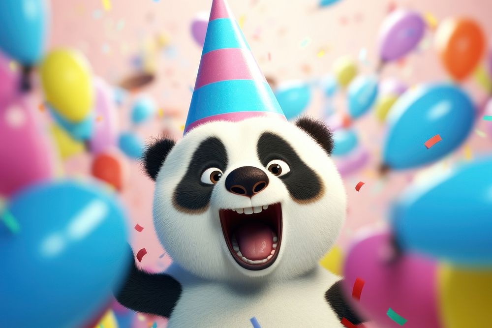 Panda wearing party hat balloon cartoon mammal. AI generated Image by rawpixel.