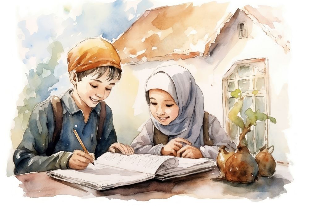Muslim school painting drawing reading. AI generated Image by rawpixel.