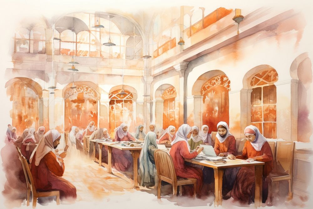 Muslim school painting sketch adult. AI generated Image by rawpixel.