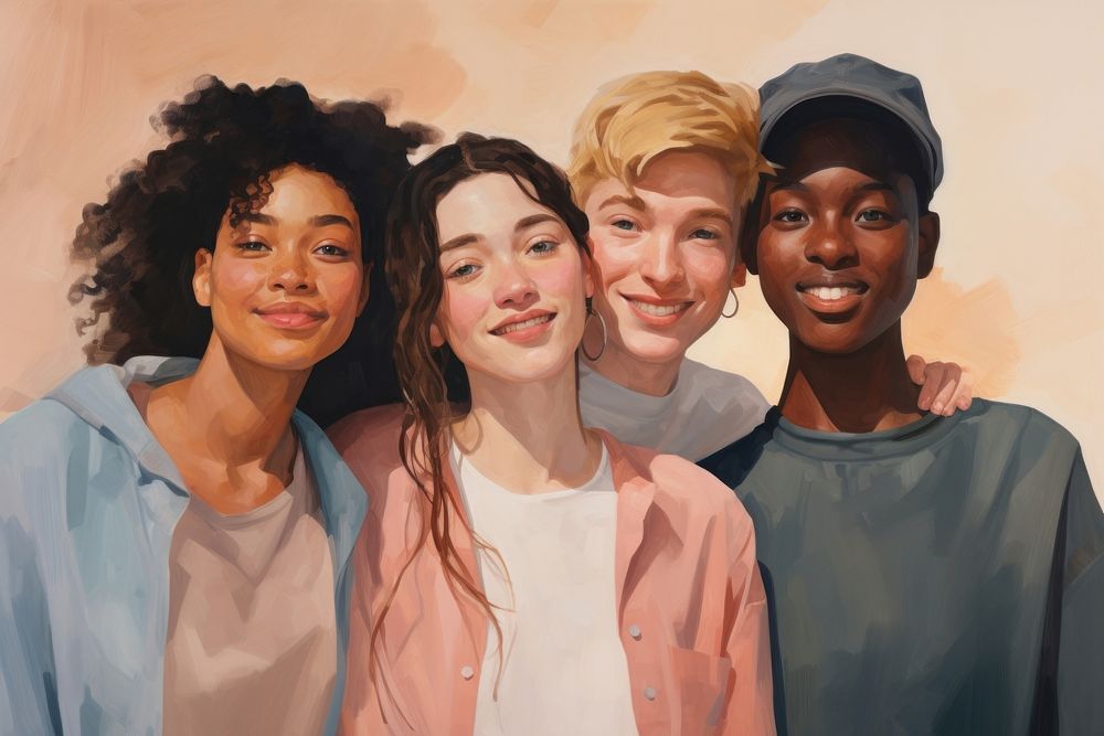 Young people standing portrait painting. 