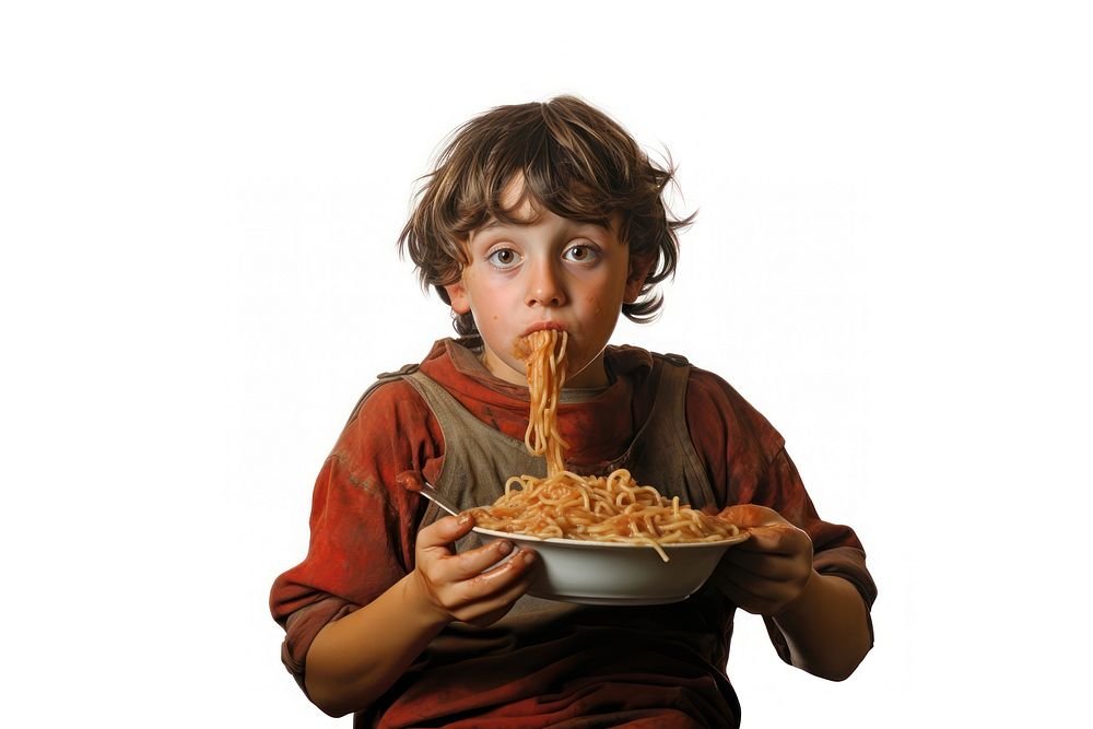 Boy slurping pasta eating child food. AI generated Image by rawpixel.
